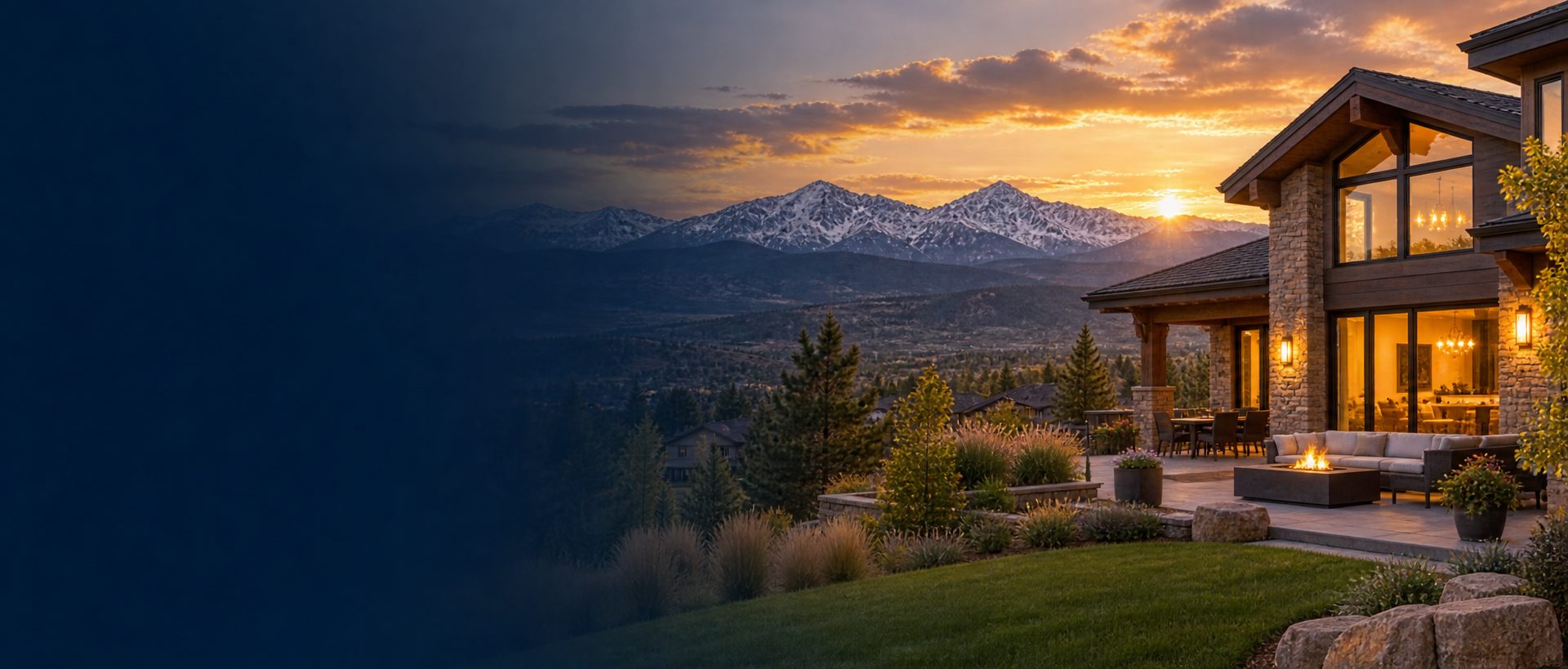 Colorado Front Range at sunset with a modern home and lit patio